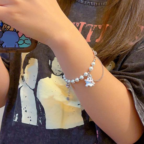 Women Bracelet Cartoon Ghost Pendant Imitation Pearls Color Matching Adjustable with Extended Chain Halloween Gift Wrist Jewelry