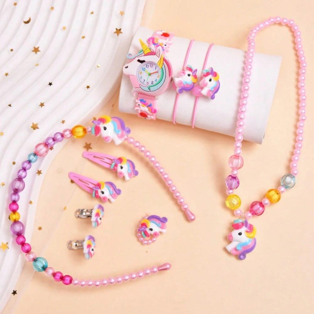 Children's Necklace Unicorn Quartz Watch Ear Clip Scrunchie Set Explosive European and American Ear Clip Scrunchie Ring
