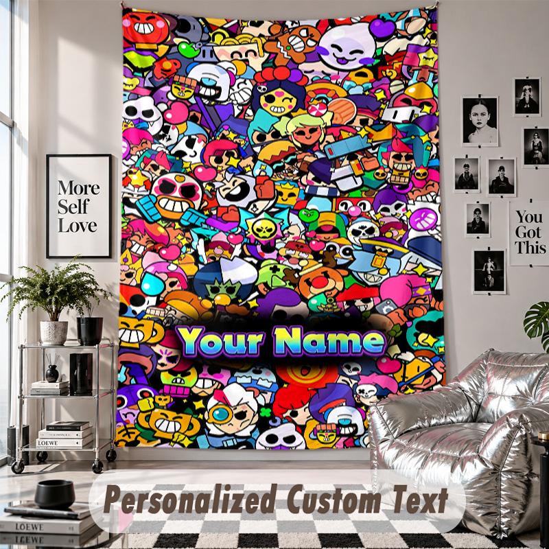 Wall Hanging Tapestry With Custom Name & Text, Brawl Stars Decorative Tapestry For Bedroom
