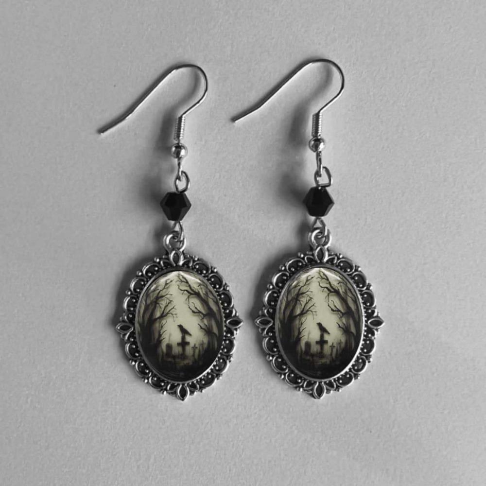 Retro Victoria Sliver Color Oval Lacework Inlay Red Crystal Glass Cat Bat Crow Cemetery Cross Dangle Earrings for Women Jewelry