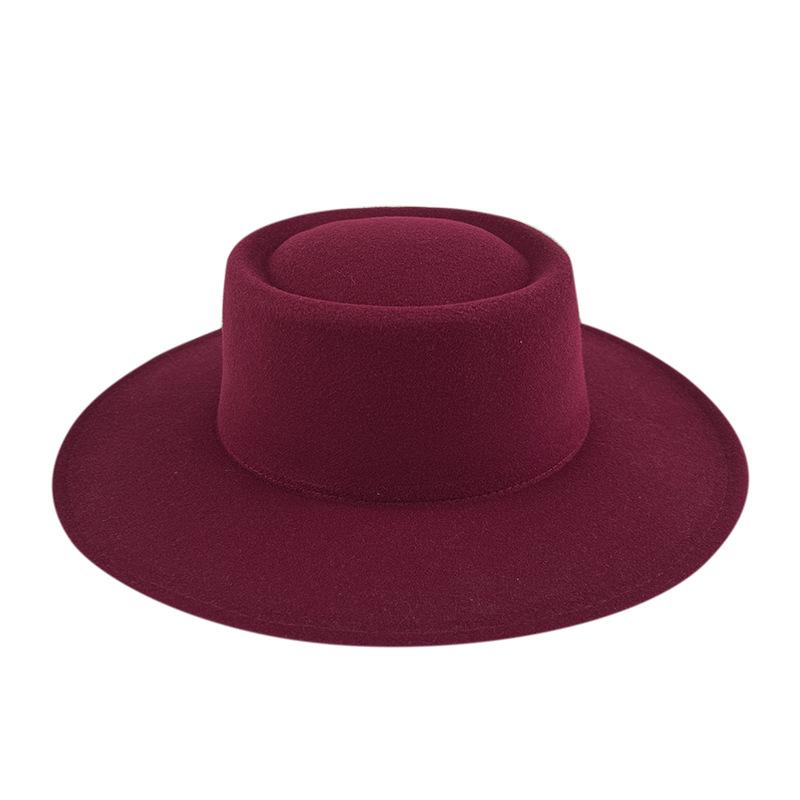 British style solid color big brim flat top top top hat French fashion jazz flat top woolen hat autumn and winter felt hat