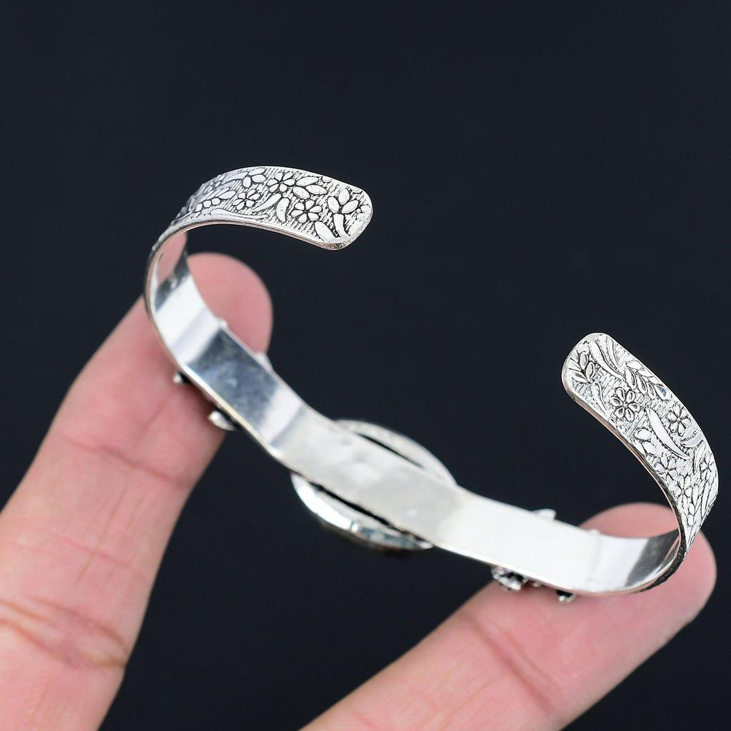 925 Silver Oval Natural Turritella Agate Flower Handcrafted New Bangle Bracelet