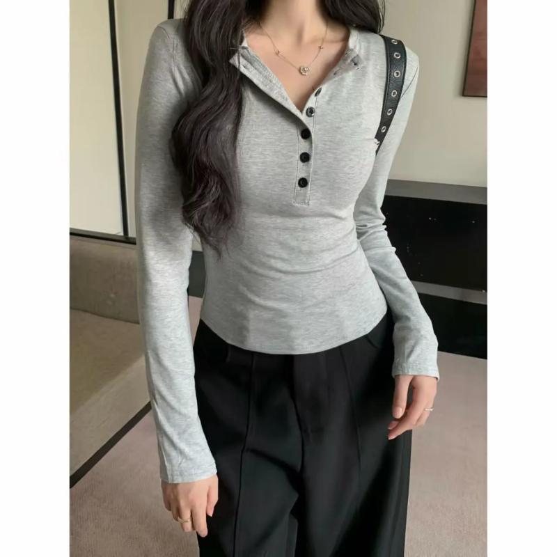 

Women Autumn Button Detail V Neck Long Sleeve T Shirt S серый