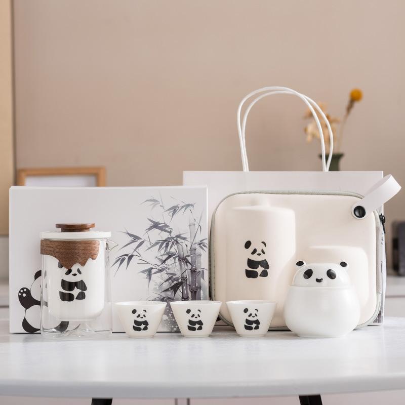 Panda Merchandise Travel Tea Set a Pot of Three Four Six Cups Suet Jade Porcelain High-end Corporate Business Gift Set
