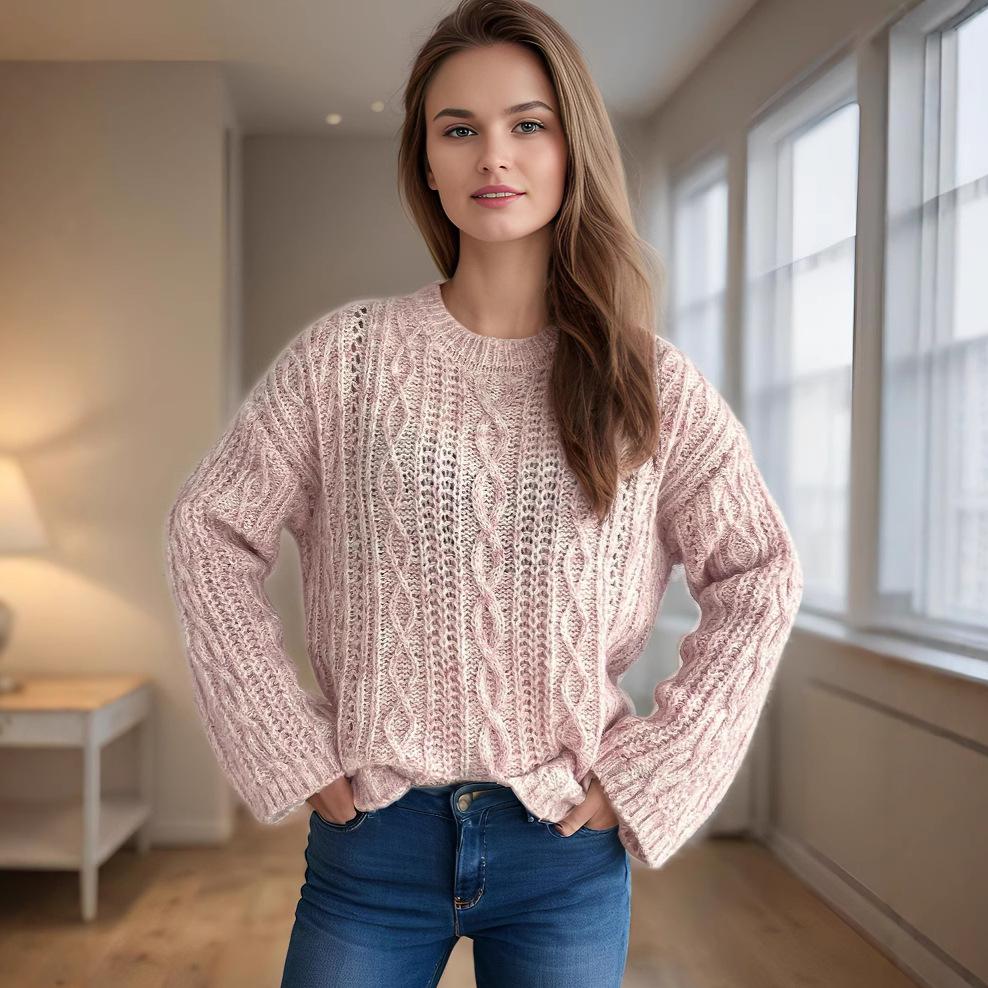 Solid color twisted sweater women s autumn and winter new vintage loose lantern sleeve Fried Dough Twists knitwear 3598 S розовый