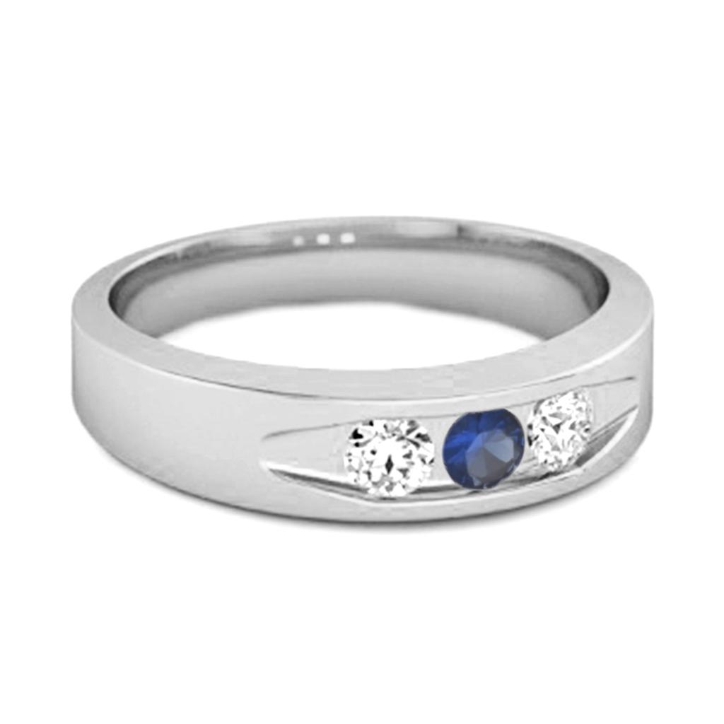Blue Sapphire Three Stone Band Ring - 925 Sterling Silver