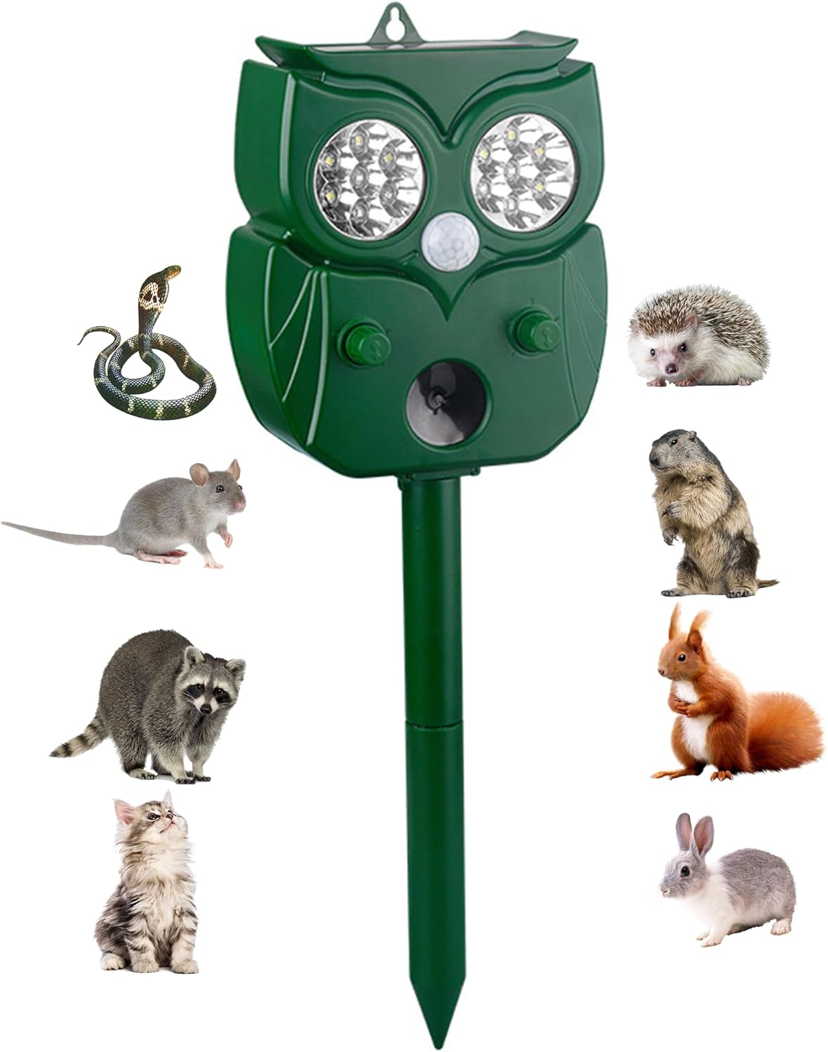 

Ультразвуковой отпугиватель насекомых на солнечной батарее с датчиком движения и светодиодным фонариком для двора, фермы, сада зелёный