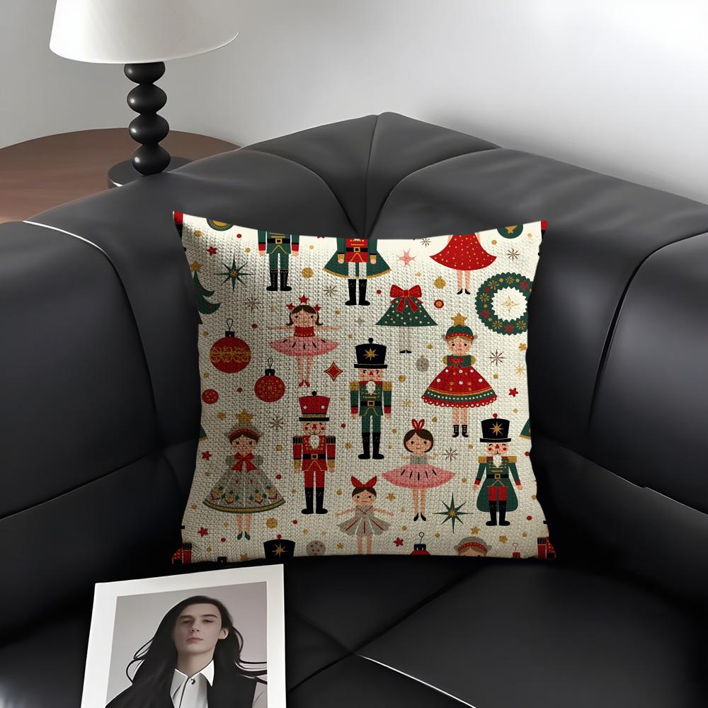 Nutcracker Soldier Christmas Cushion Cover Natural Linen Organic Fabric DoubleSided Printing Sofa Home Decor Gift Pillow Case