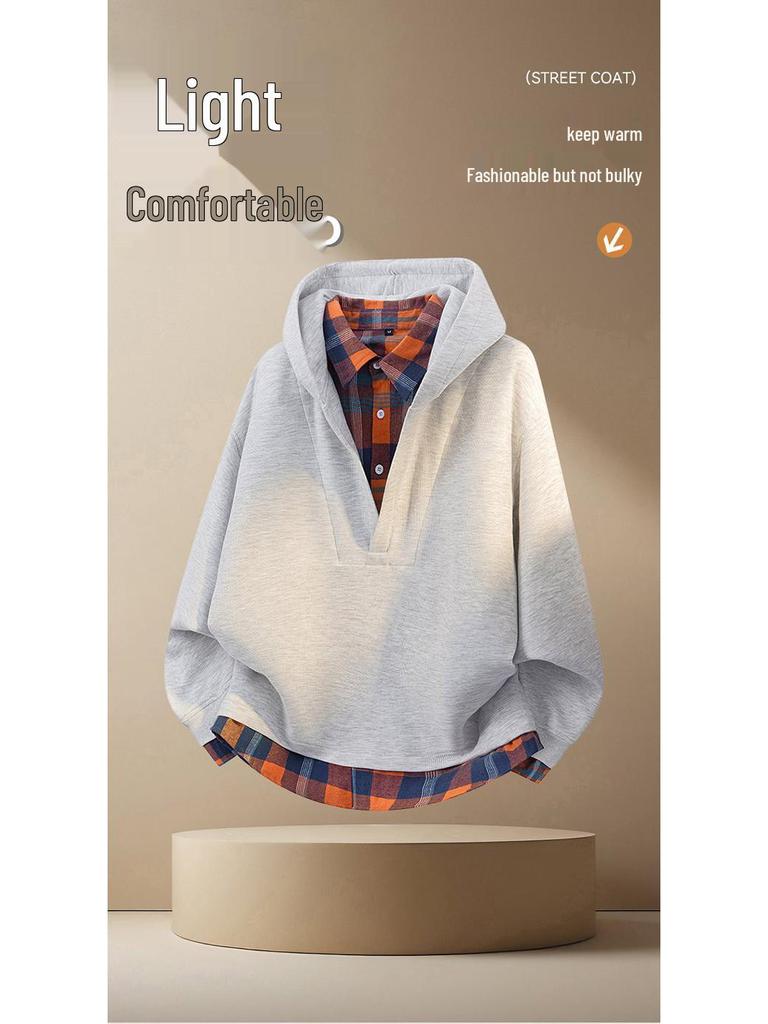 Unisex Plaid Patchwork V-Neck Hooded Sweatshirt
