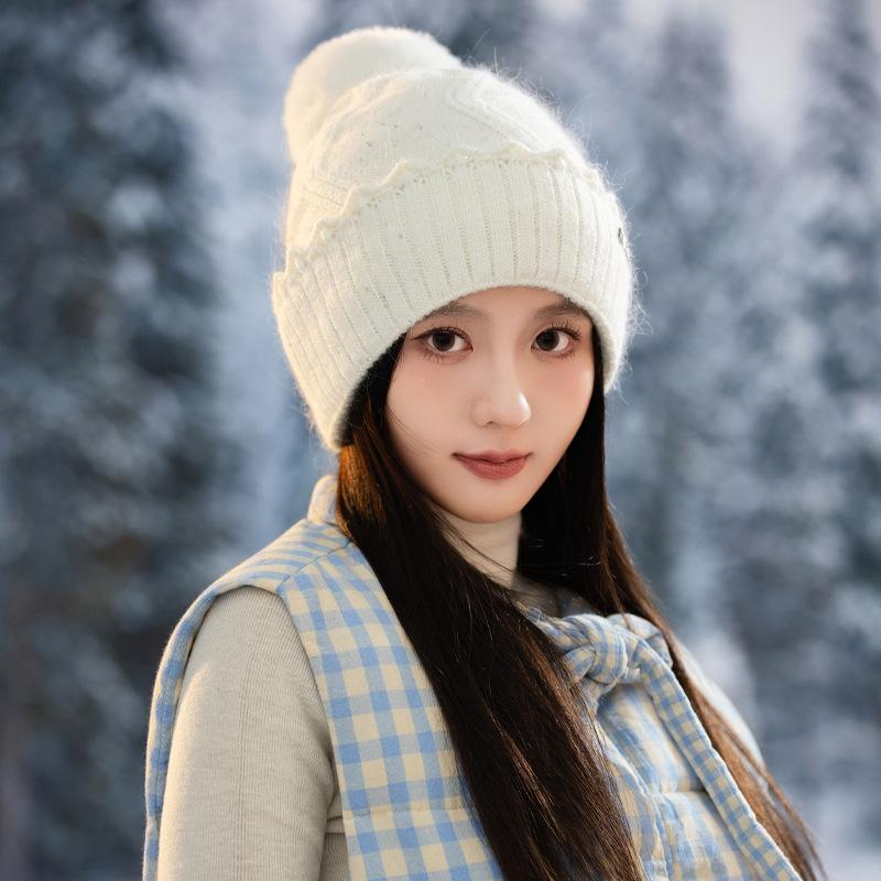 Neuer Herbst- und Winter Pailletten Spitzen Kaninchenhaar Warme Mütze Koreanische Version Vielseitige Outdoor Kältemütze Plus Wollmütze für Damen