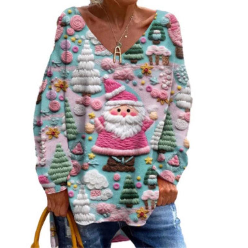 

Spring and Autumn V-neck Christmas Theme 3D Printed Top Fashionable Casual Long Sleeved Women s T-shirts 6XL