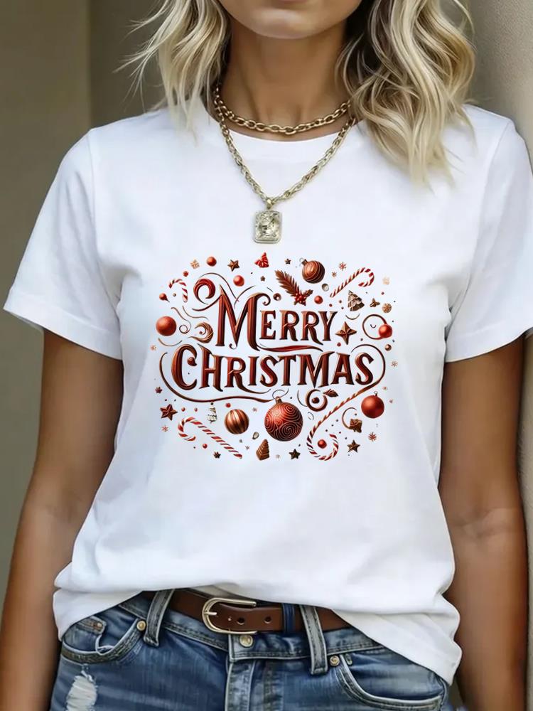 (Asian Size) Lovely Style Cute Merry Christmas Women's Top Short Sleeve T-shirts O-neck T Shirt Print Fashion Casual New Year Clothing Graphic Tee