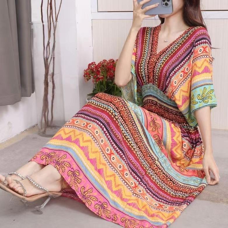 Ethnic Style V-neck Cotton and Silk Short-sleeved Beach Dress Thailand Travel Dress Summer Print Vacation Floral Skirt