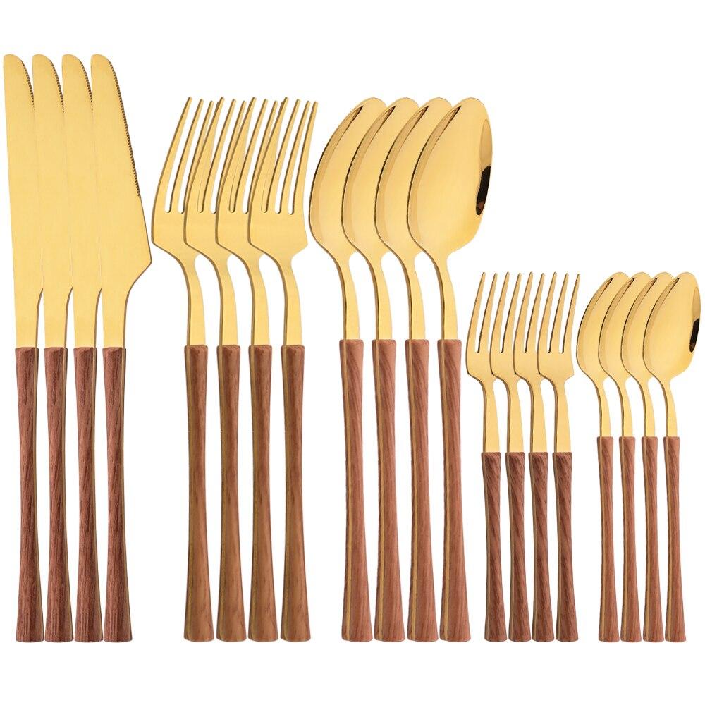 Jankng 20Pcs Imitation Wood Handle Cutlery Set Knife Fork Spoon Dinnerware Set Western Kitchen Stainless Steel Tableware Set