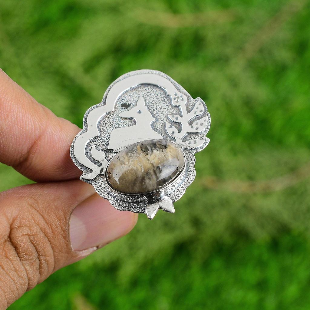 Oval Plume Agate Stone 925 Silver Trendy Bezel Stackable Elegant Sister New Ring