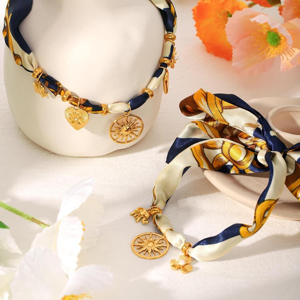European & American Autumn/Winter Silk Scarf Series: Sun Pendant Stainless Steel Necklace & Light Luxury High-End Bracelet.