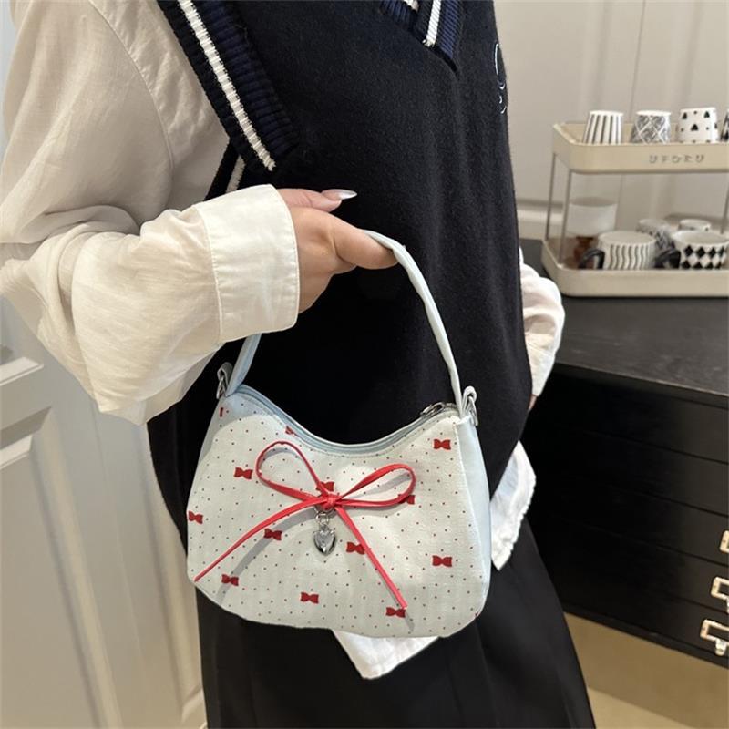 Cute Bowknot Print Shoulder Bag With Plush Pendant Crossbody Bag Handbag Girly Tote Commuter Bag Women Underarm Bag Gift