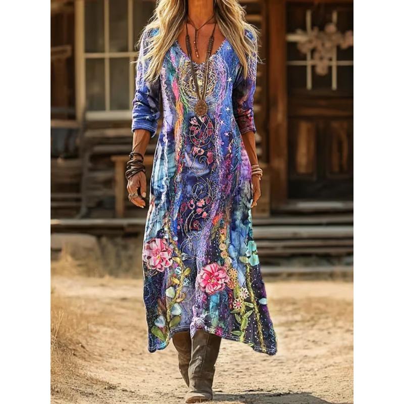 Creative Tie-dye Printing Women's New V-neck Long-sleeved Dress Medium and Long Dress