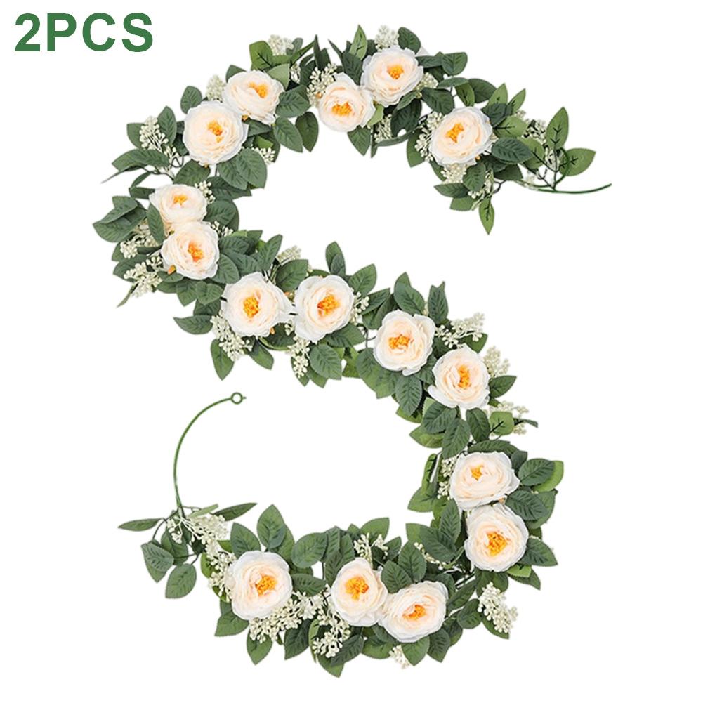 Set of 2 Artificial Eucalyptus Garlands with Faux Roses for Home and Event Decoration 6 6ft Long Plastic Material Wreaths