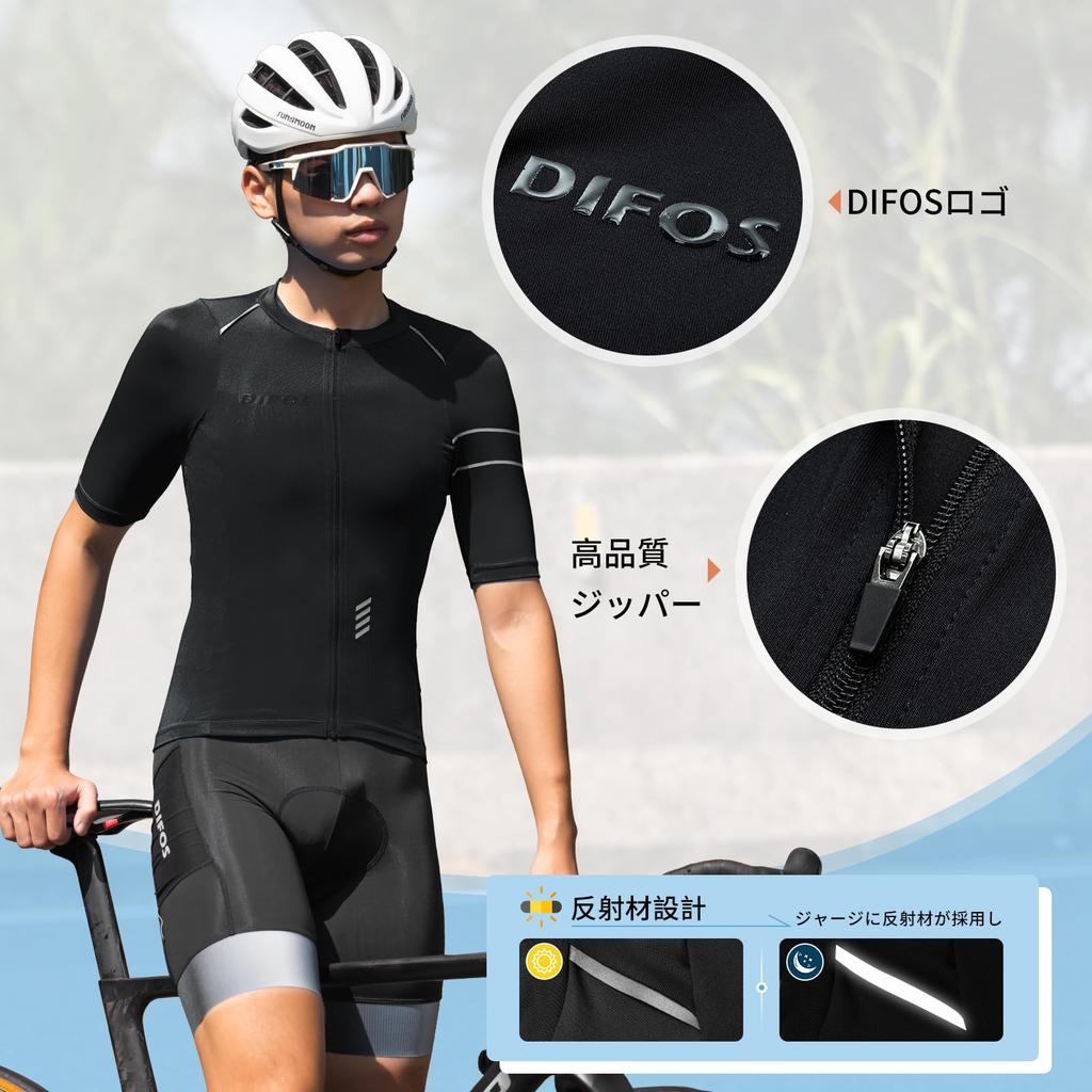 DIFOS Short Sleeve Cycling Jersey for Cycling Road Bike with Reflective Size L Men's Summer, Wear, Wear, Elastic, Quick-Drying, Breathable, Pockets,