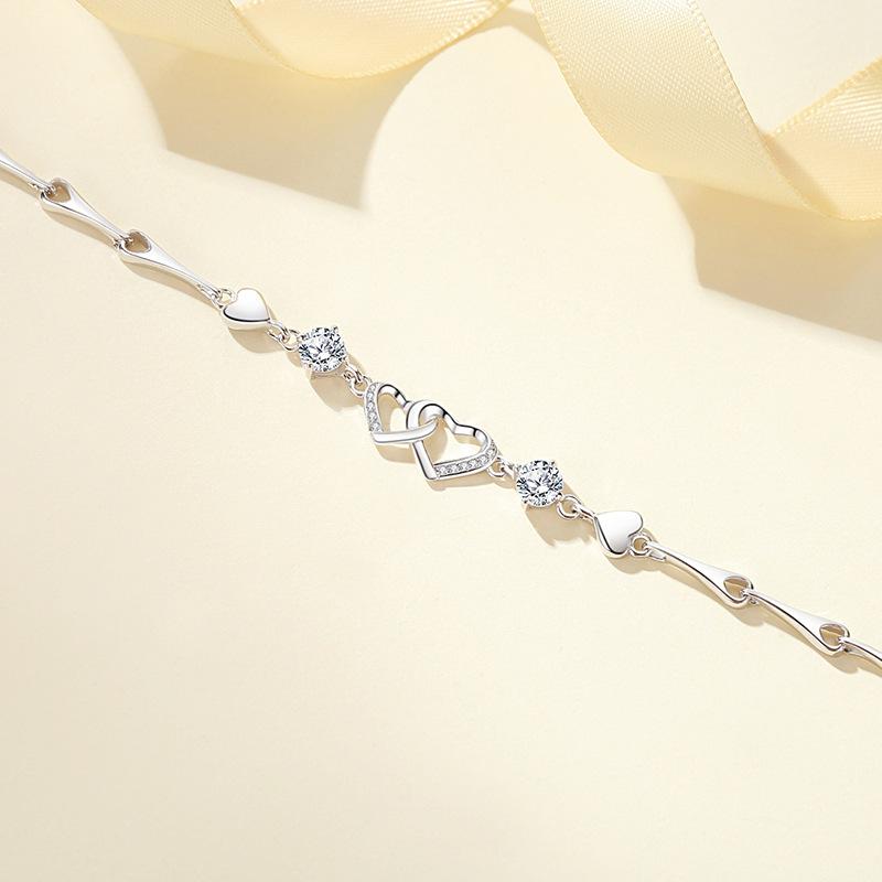 S999 Sterling Silver Heart-to-heart Double Heart Bracelet, Simple and Sweet Bracelet, Romantic Silver Bracelet