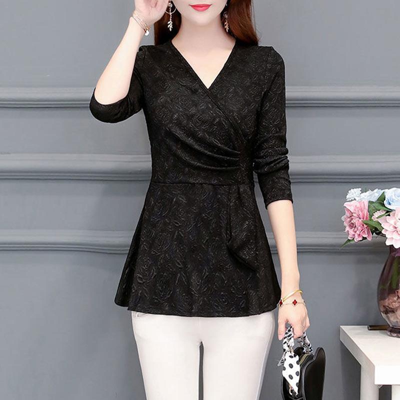 

Повседневный приталенный женский топ больших размеров с длинным рукавом, Blusa с v-образным вырезом, фиолетовые, красные цветы, женская блузка, рубашка L чёрный