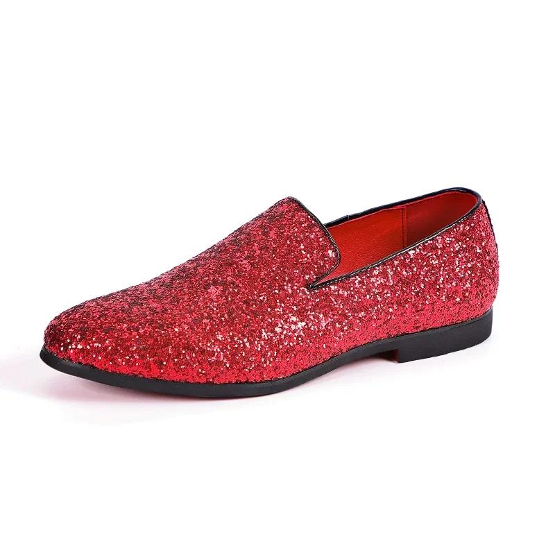 Men Loafer Dress Shoes Diamond Pointed Toe Shoes Gold Luxury Brand Men Paillette Fashion Mens Leather Shoes Zapatos Hombre