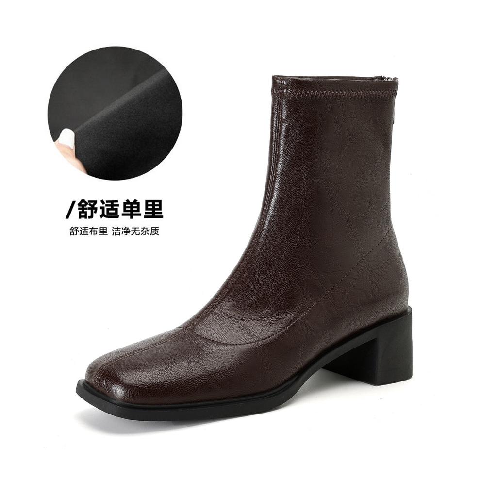 Weiwei Girl 6688-1 Stumme Sohle Elastische Skinny Stiefel Damen Herbst Dicke Ferse Kurze Stiefel Pendler Vintage Schwarze Stiefel