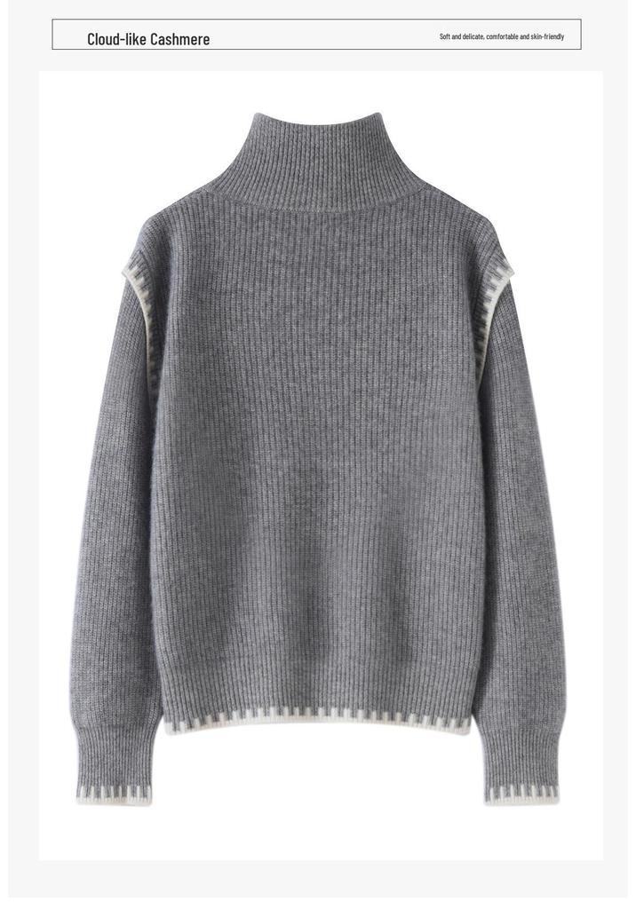 Women's Gray Half-Zip High Collar Cashmere Sweater - Color Block, Loose Knit Korean Style Base Layer