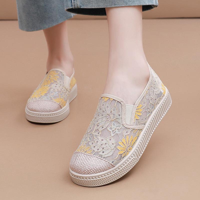 Women's Shoes Summer New Lace Hollow Fabric Casual Shoes Slip On Lightweight Breathable Shoes
