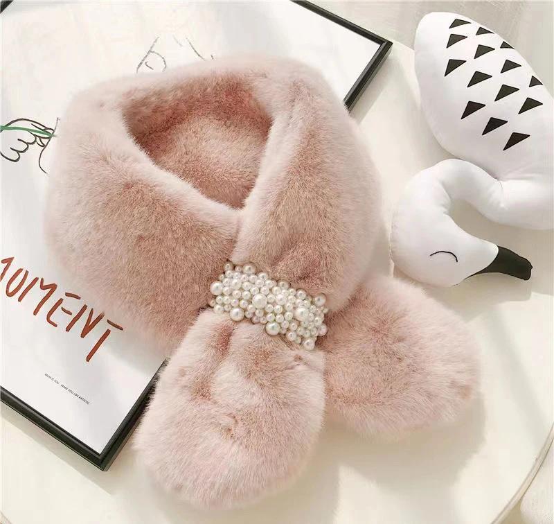 

Жемчужный шарф зимний новый стиль утолщенный корейская версия крест-теплый шерсть шерсть кроличий воротник розовый