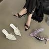 Fashion Elegant Bow Cross Tied Slippers Women Fashion Pointed Toe Thin Heel Slide Sandals Luxury Brand Designer Dress Shoe Zapatos Mujer