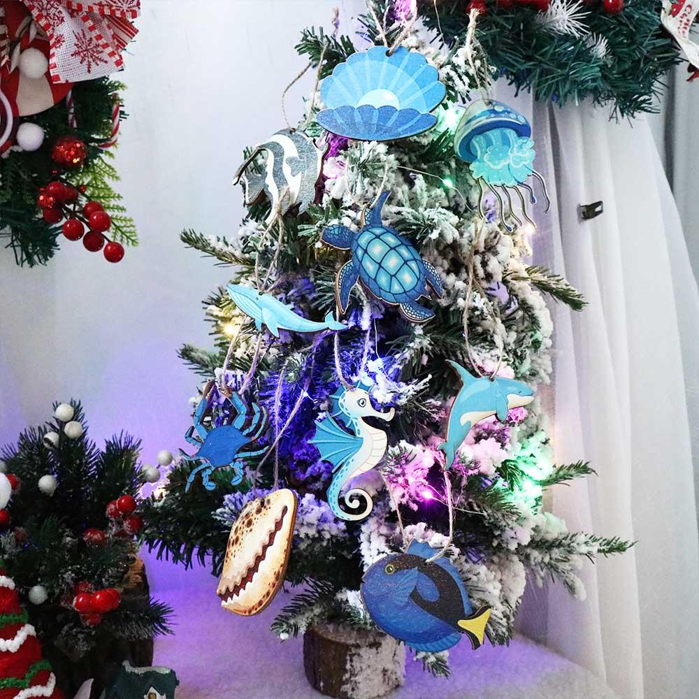 24pcs Wooden Ocean Animal Hanging Ornament Turtle Seahorse Sea Life Decor Sand Beach