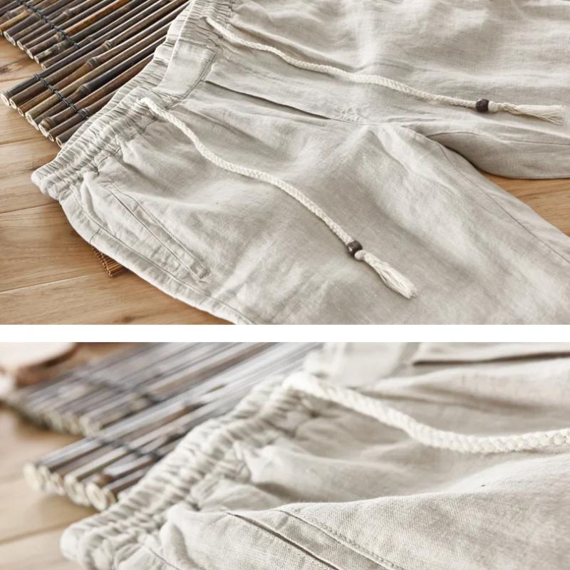 Spring and Summer New Man Pants Natural Pure Linen Long Pant Solid Color Drawstring Elastic Waist Trousers Daily Casual Pants