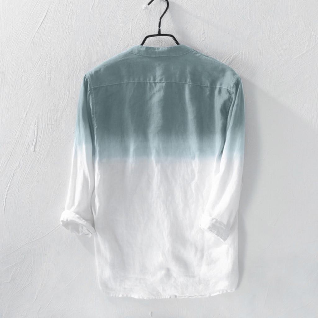 Summer Mens Cool Thin Breathable Lapel Collar Hanging Dyed Gradient Cotton Shirt