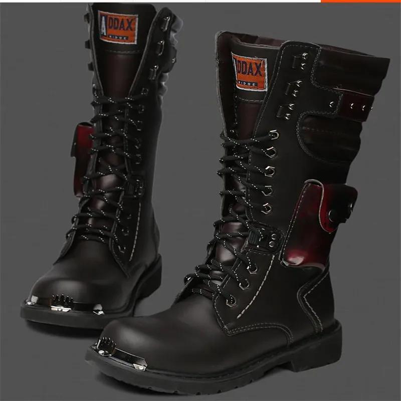 Fashion Size 37 46 Men's Leather Motorcycle Boots Mid-calf Military Combat Boots Gothic Belt Punk Boots Men Shoes Tactical Army Boot