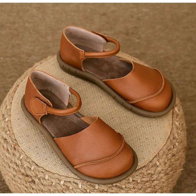 Fashion Retro Handmade brown Leather Flats Sandals 2025 Summer New Casual Versatile Comfortable Soft Sole Women's Shoes