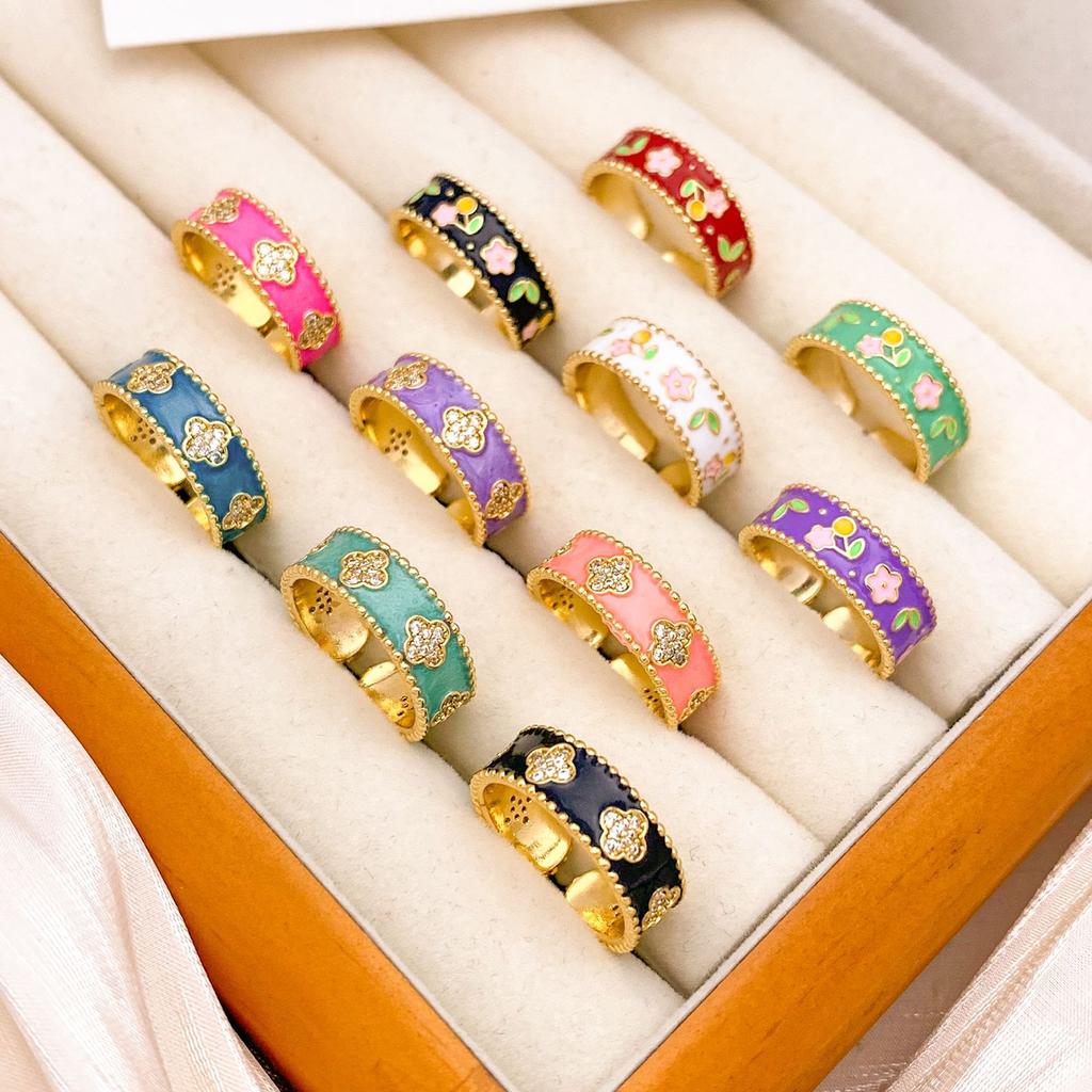 Ring Retro Flower Enamel Color Ring Niche High-end Sense Light Luxury Elegant Fashion Versatile Ring Women Do Not Fade