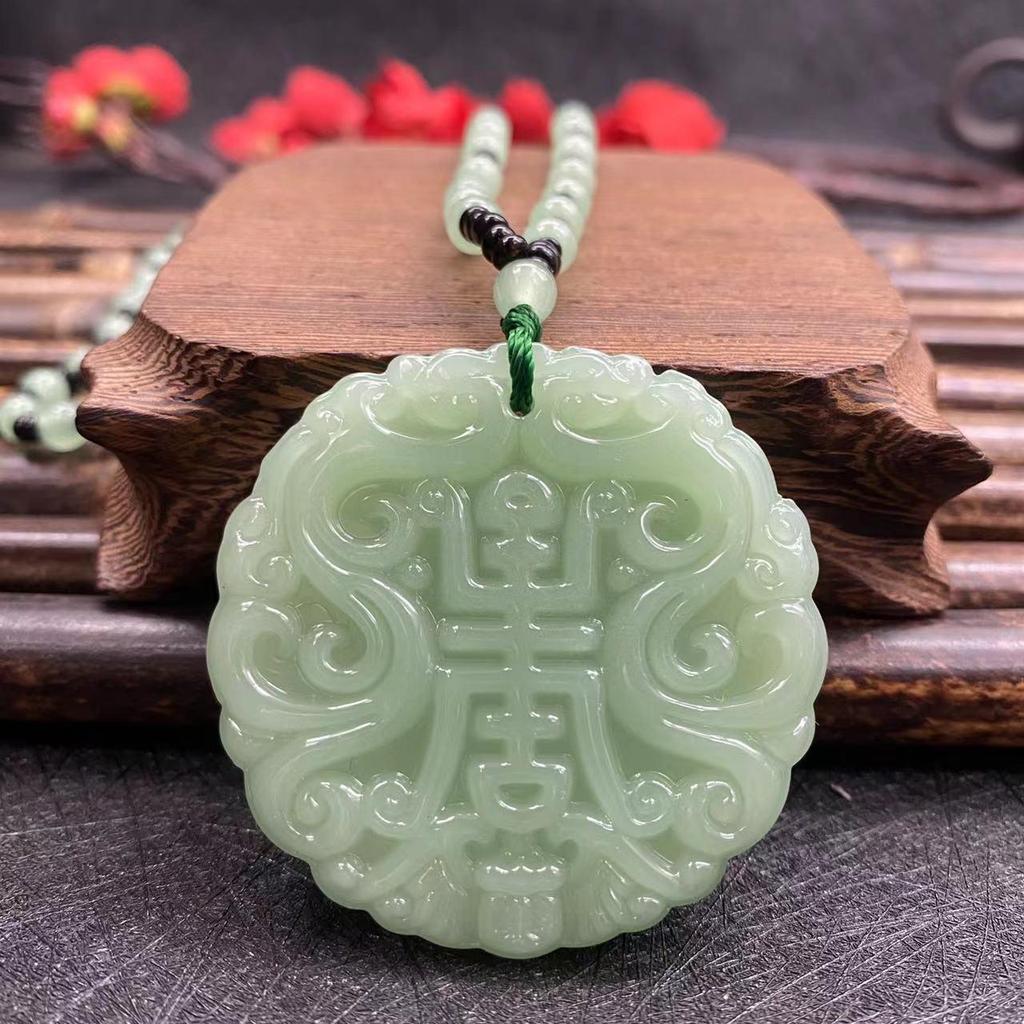 Vintage Double-Sided Pixiu Pendant Necklace: Imitation Jade Glaze, Fu Shou An Kang Charm