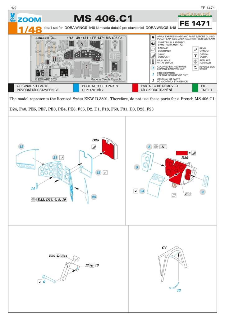 Eduard 1/48 Zoom Series MS.406.C1 Etching Parts (for Drawings) Plastic Model Kit Parts EDUFE1471
