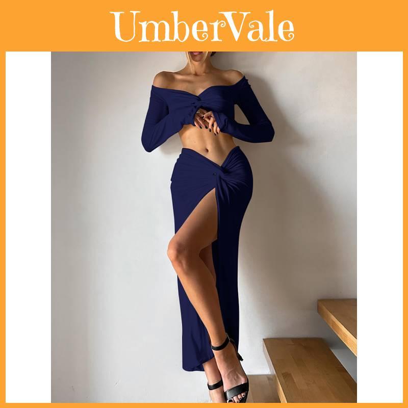 Streetwear Womens Long Sleeve V Neck Dress Set With Slit And Splicing For Casual Style