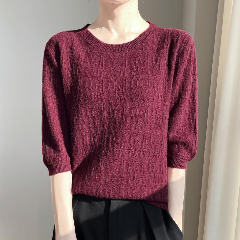 Spring New Knitted Sweater Women's Short-sleeved Crew Neck Pullover Carved Thin Five-quarter-sleeved Top Large-size Bottoming Shirt
