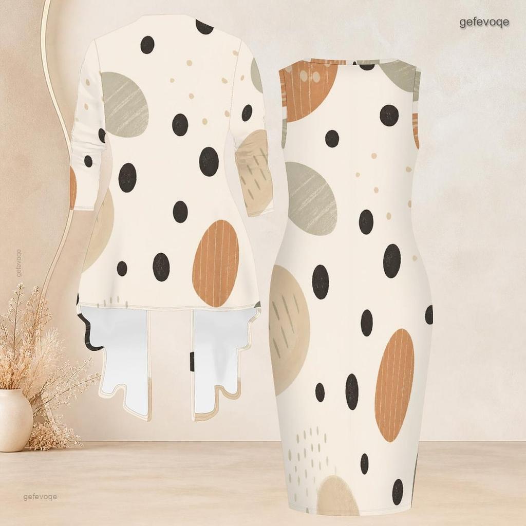 Womens Plus Size Geometric Printed Two Piece Set Sleeveless Bodycon Dress And 3 4 Sleeve Open Front Cardigan