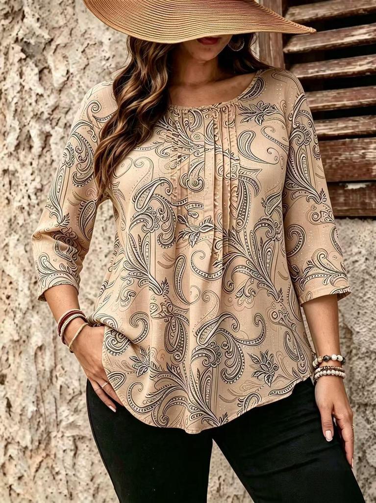 Bawełniany T-shirt z Długim Rękawem i Guzikami w Wzór Paisley dla Kobiet w Rozmiarach Plus