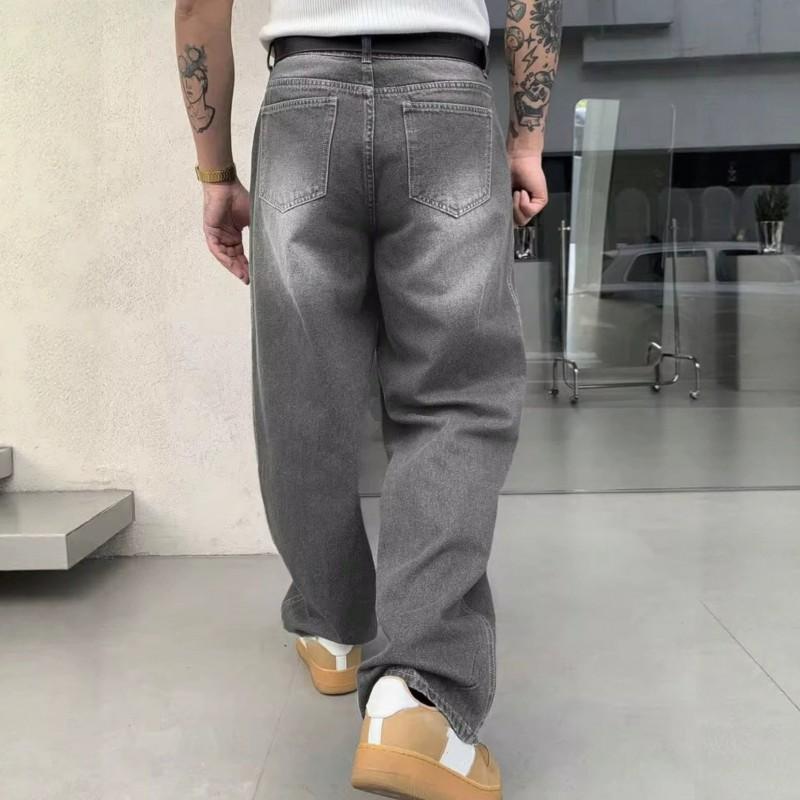Mens High-Waisted Straight Cut Wide Leg Jeans Gray Casual Denim Pants Slimming Tapered Fit