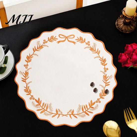 Heat Resistant Table Mats for Hot Dishes Embroidered Round Placemat, 15 Inch Scalloped Leaf Bow Embroidery Durable Fabric Kitchen Washable Insulation