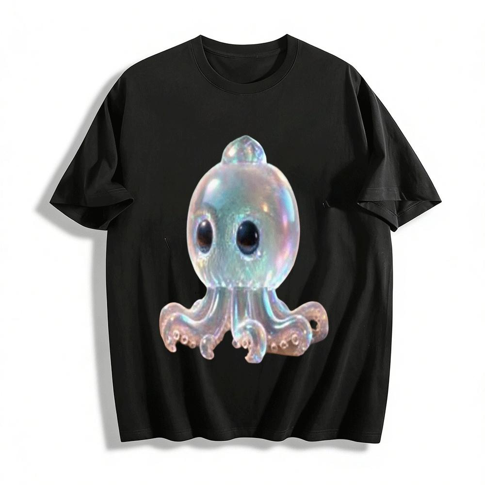 Holographic Cute Octopus Print Casual Versatile Daily Top Pure cotton T-shirt