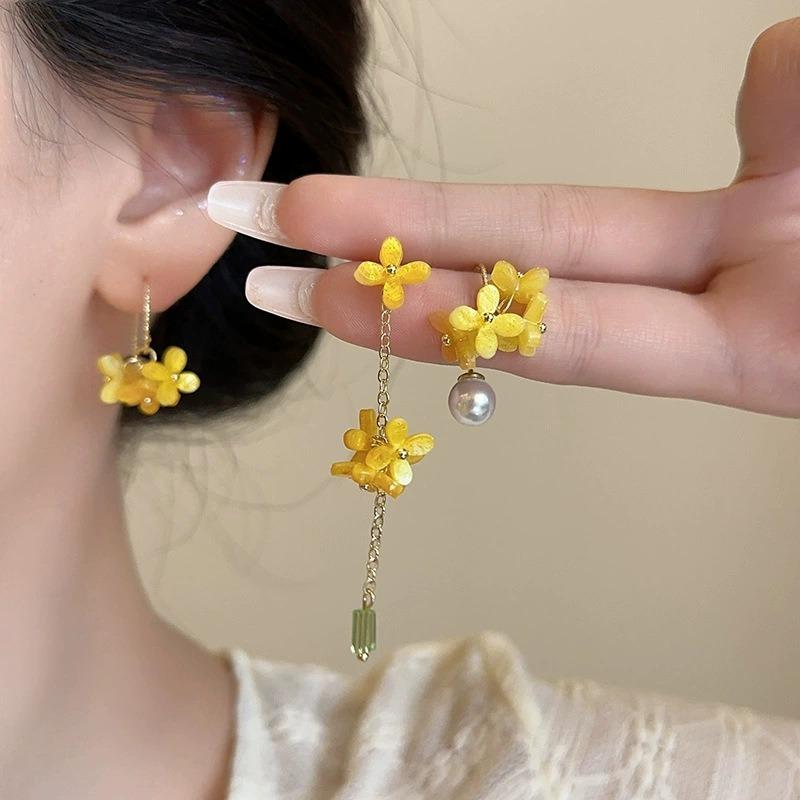 Golden Autumn Dangui Long Tassel Flower Mori Sweet Niche Design Earrings Ear Hooks Mosquito Coil Disc Ear Clips Women