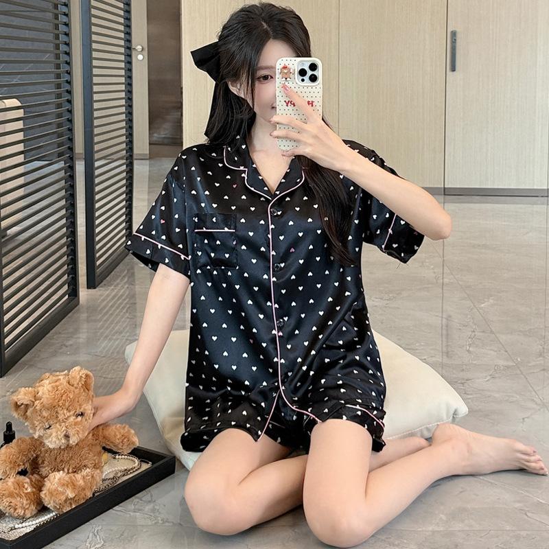Ice Silk Pajamas Women'S Summer Black Love Pure Desire Short-Sleeved Loungewear Can Be Worn Outside Fashion Suit