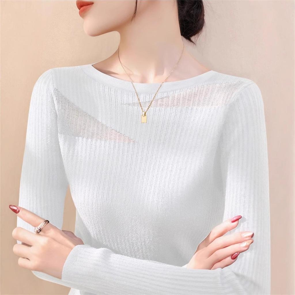WTEMPO Women's Round Neck Lace Mesh Knitted Sweater Women's Sweater Spring and Summer